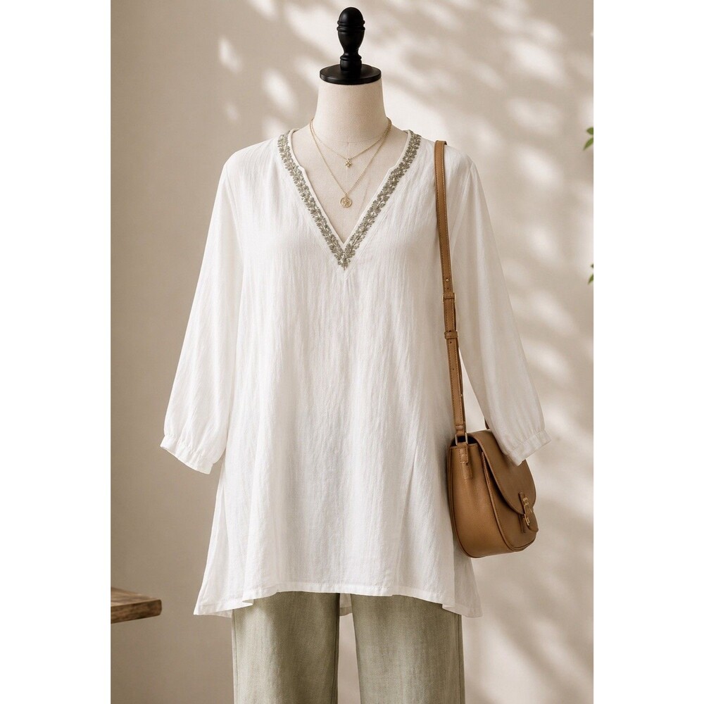 NWT 100% Linen White Tunic Top XL Rhinestone V-Neck 3/4 Sleeve Boho Beach Resort